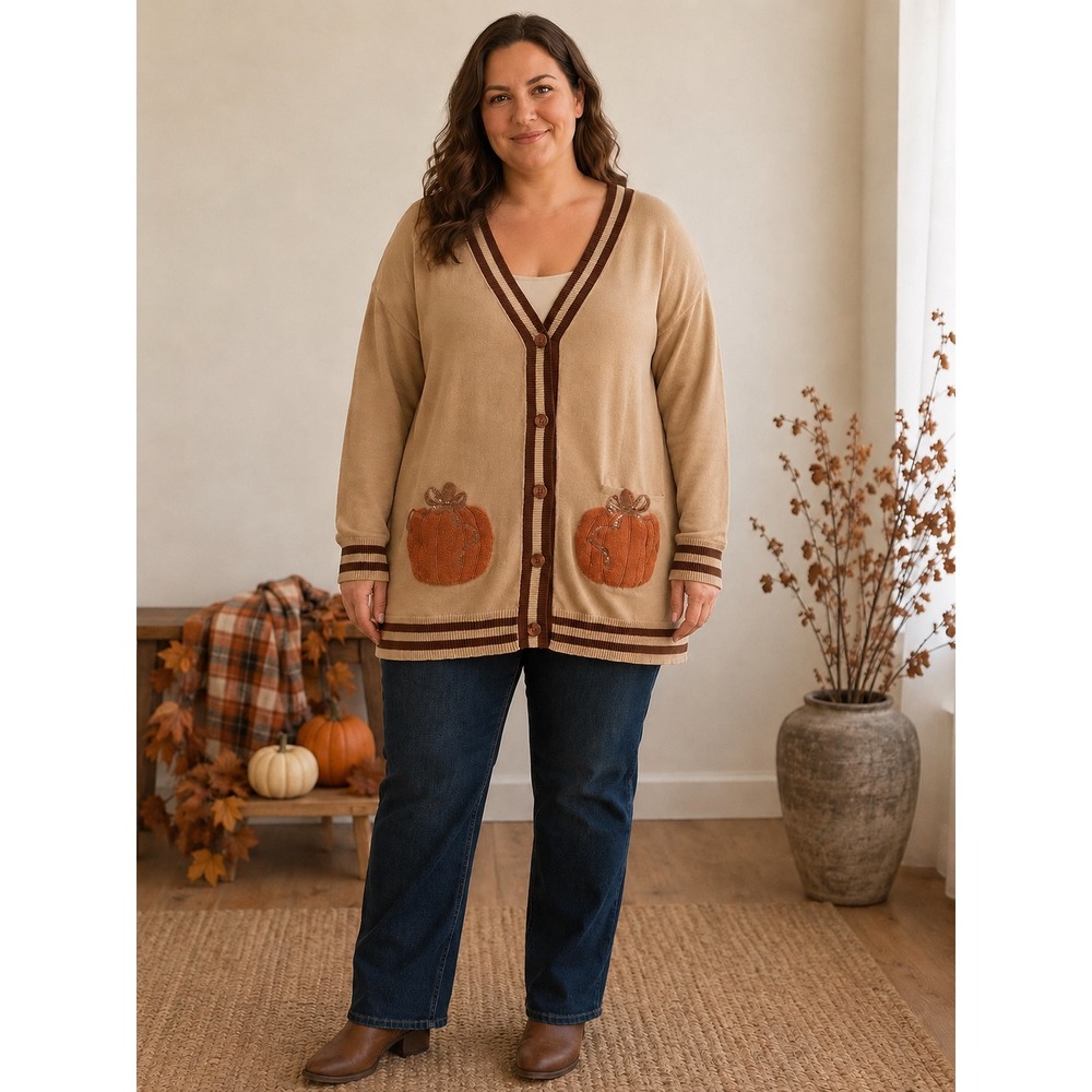 Jess Lea Pumpkin Patch Sequin Chenille Cardigan XL Beige Fall Halloween